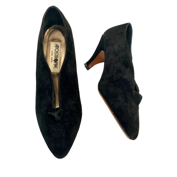 Vintage 90s Apostrophe Black Suede Geometric Pumps - Size 7M - Picture 2 of 7